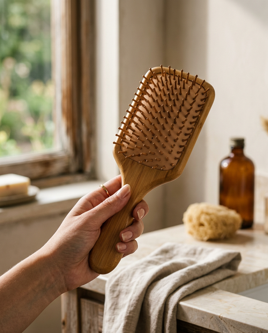 Main tenant la brosse en bambou