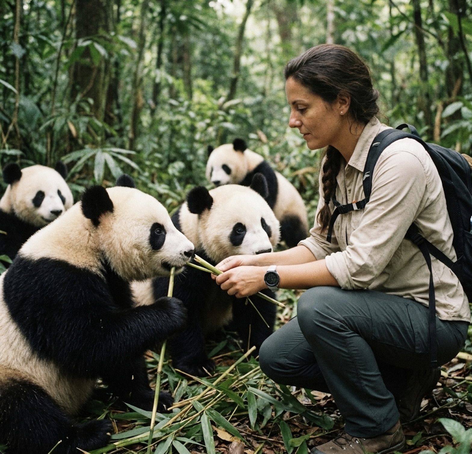 Élise avec une famille de pandas dans le Sichuan